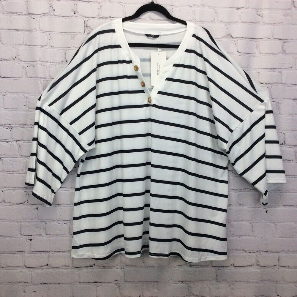 Bloomchic T Shirt Womens Plus Size 26 Black White Striped Oversized V Neck Beach